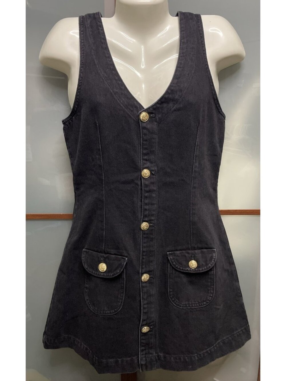 H&M Divided Black Denim Dress Small V-Neck Gold Button Up Pockets Goth Academia